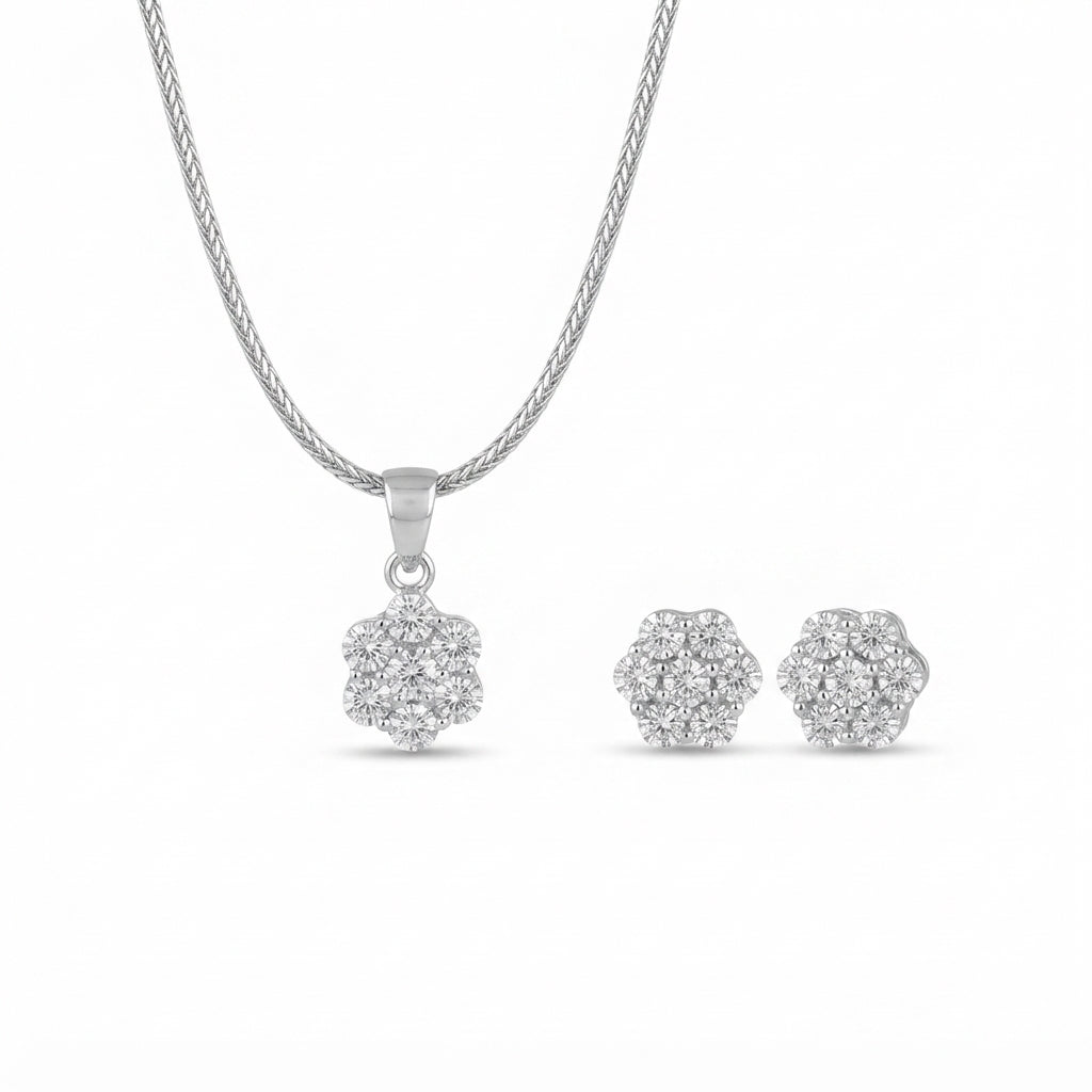 King of Bling's 925 White Silver 0.33W CTW Genuine Diamond Round Floral Pendant & Earrings Set King of Blings