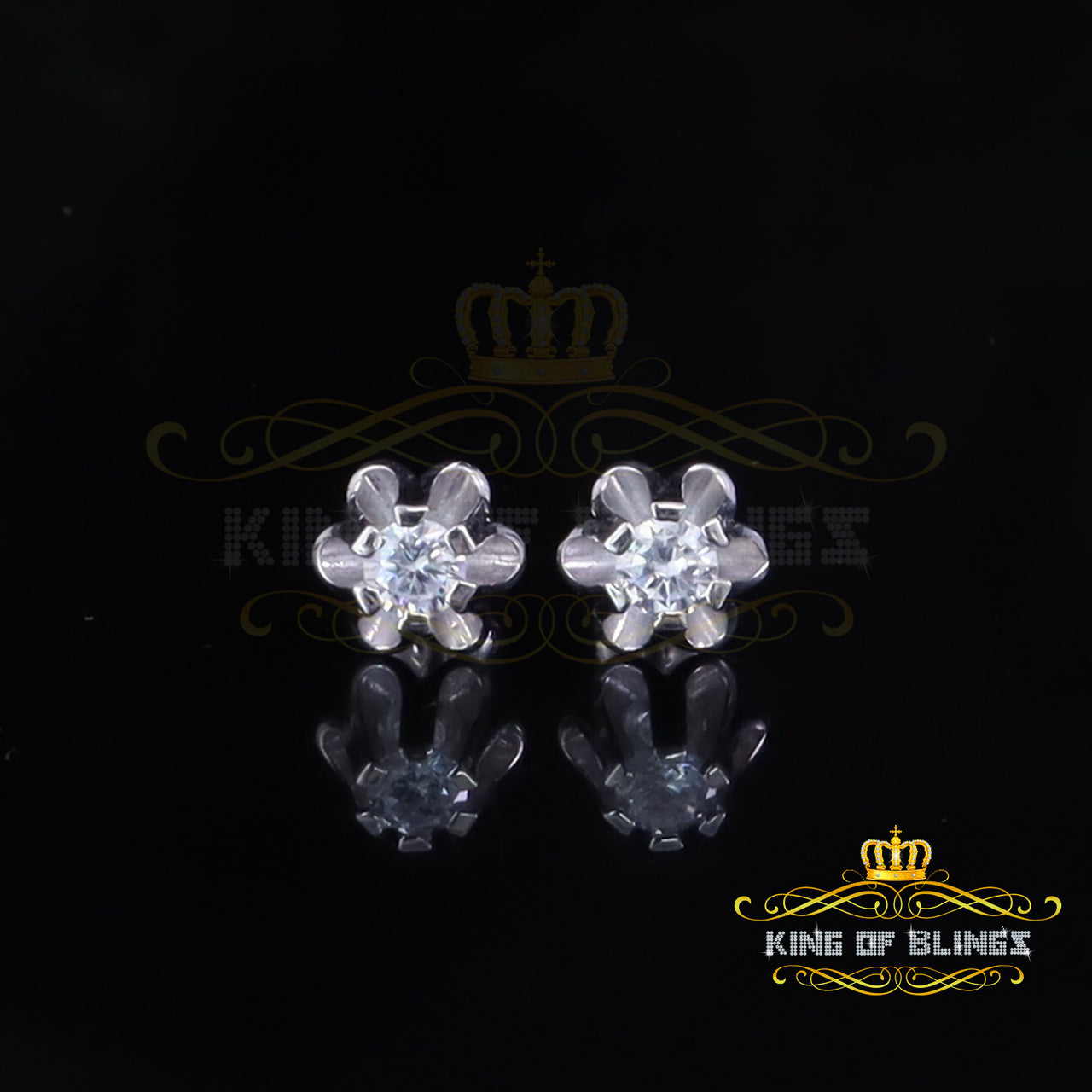 King of Bling's 925 Silver Cubic Zirconia White Round Shape Buttercup Stud 0.50ct Earrings Women