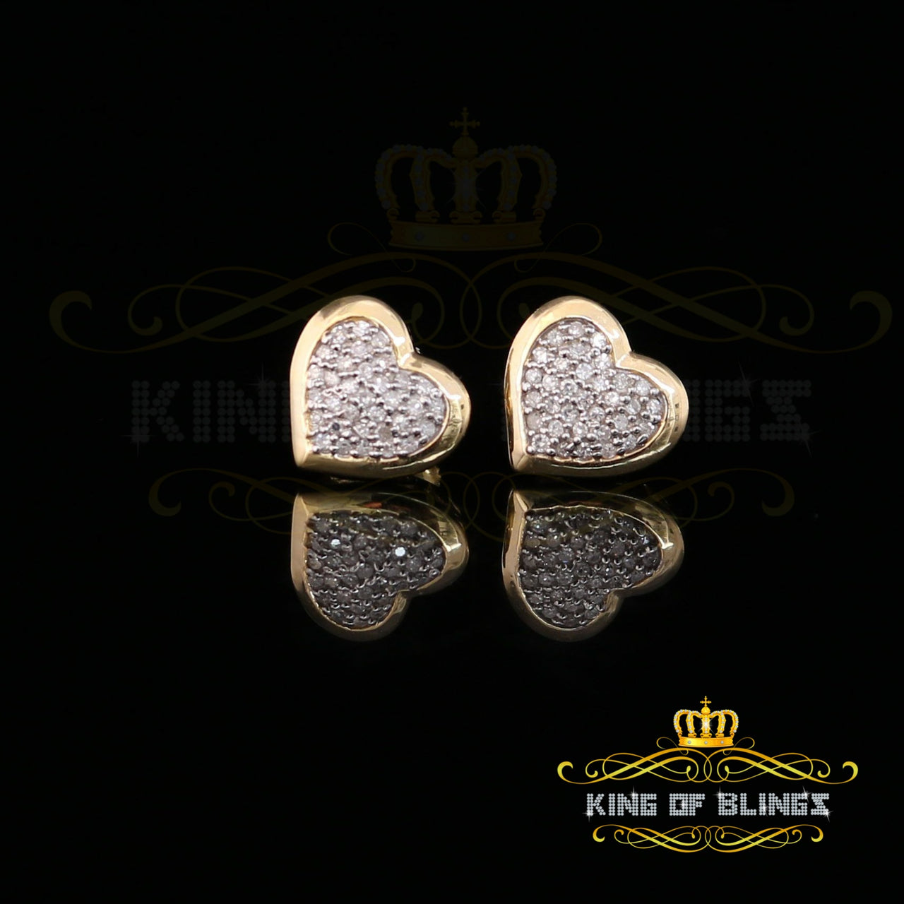 King Of Bling's 10K Real Yellow Gold Real Diamond 0.25CT Men's/Women's Stud Micro Heart Earring