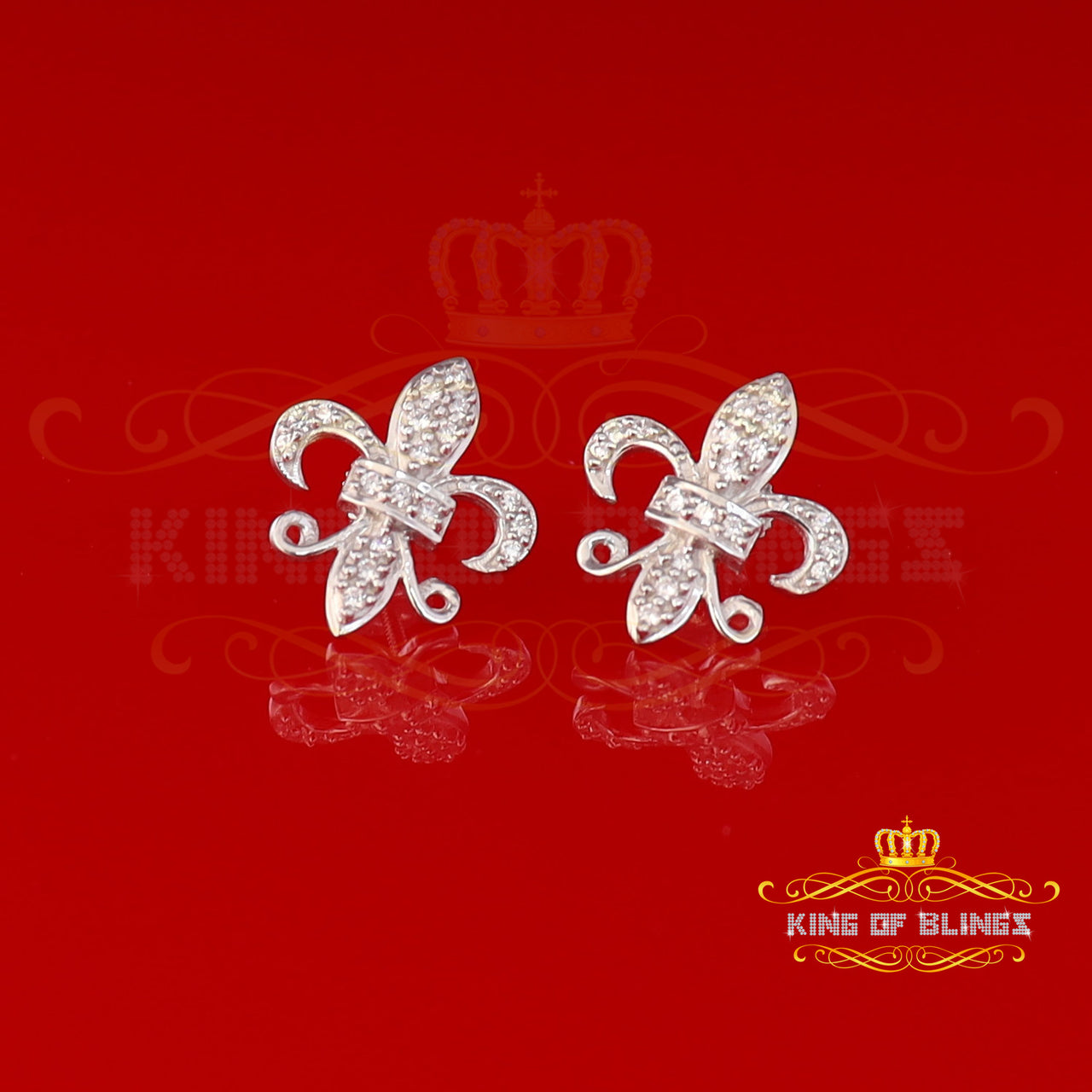 King of Bling's 925 White Silver Women's Fleur de Lis Screw Back 0.36ct Cubic Zirconia Earrings