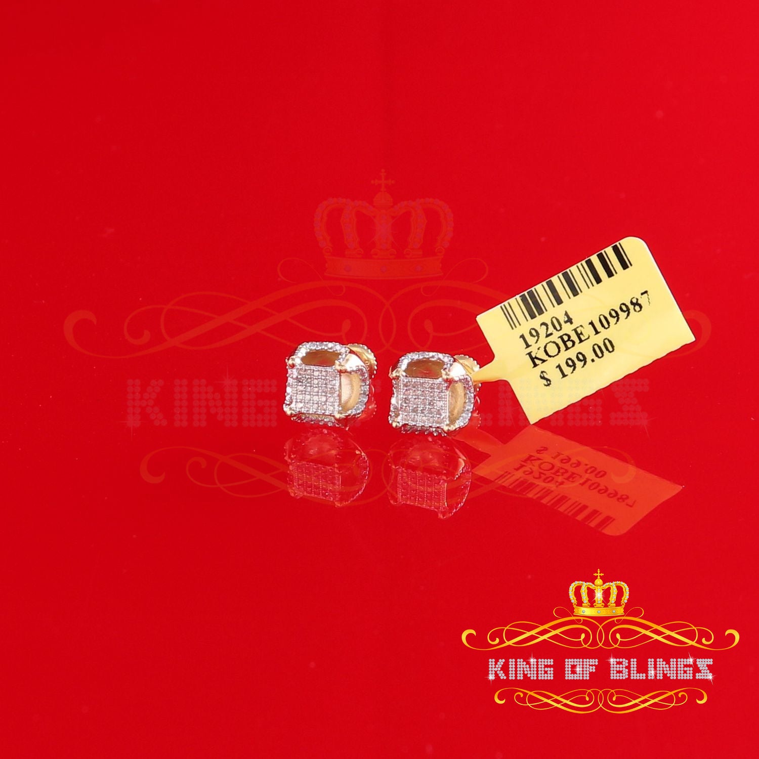 King of Blings-925 Silver Yellow Real Diamond 3D Micro Pave Cushion Crown Cluster Stud Earring KING OF BLINGS