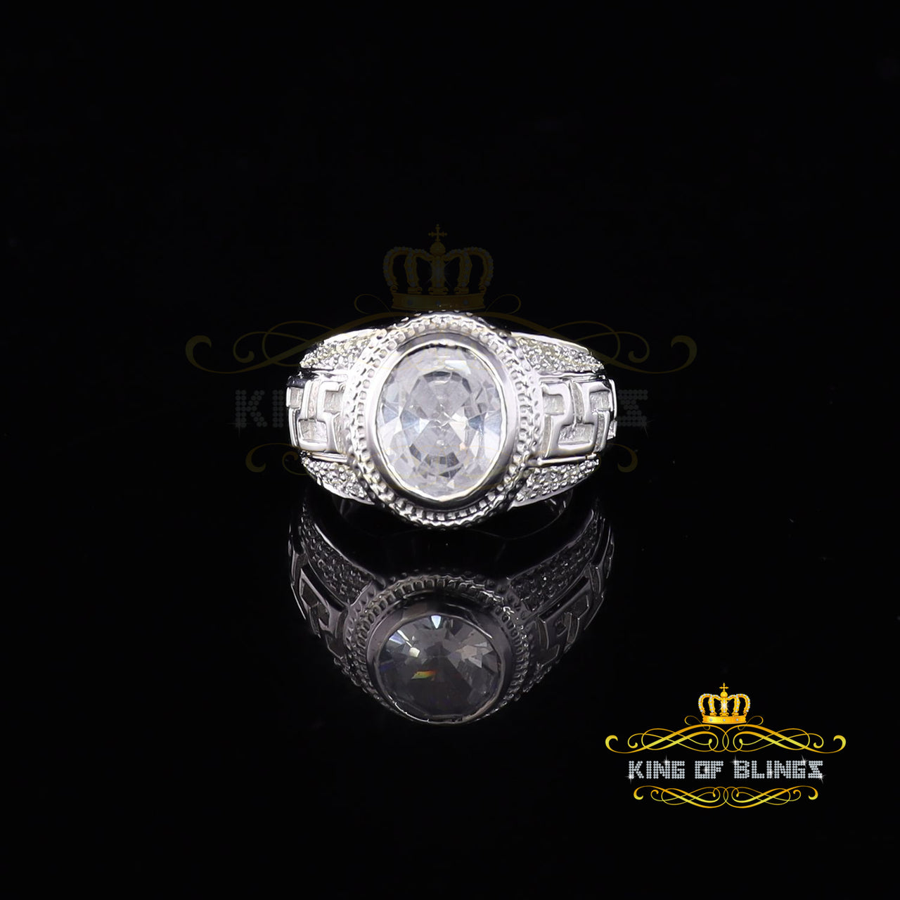 King Of Bling's8.10ct White Silver Oval Cubic Zirconia Men's Adjustable Ring From SZ 9 to 10