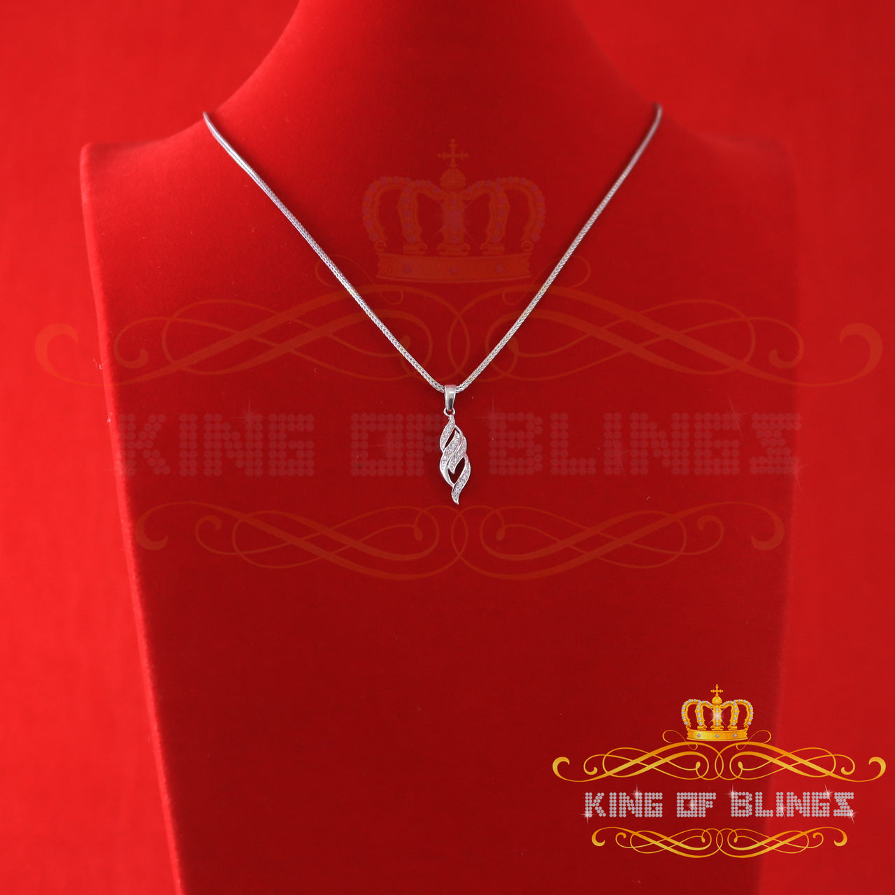 King Of Bling's White Sterling Silver Pendant with Charming Necklace Shape 0.19ct Cubic Zirconia