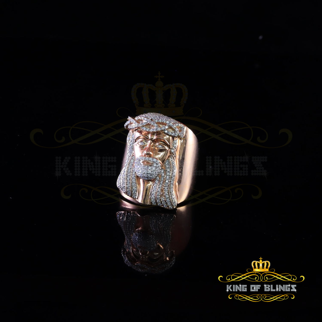 King Of Bling's Rose Gold Silver 2.00CT Cubic Zirconia Men's Jesus Christ adjustable Ring Size 9