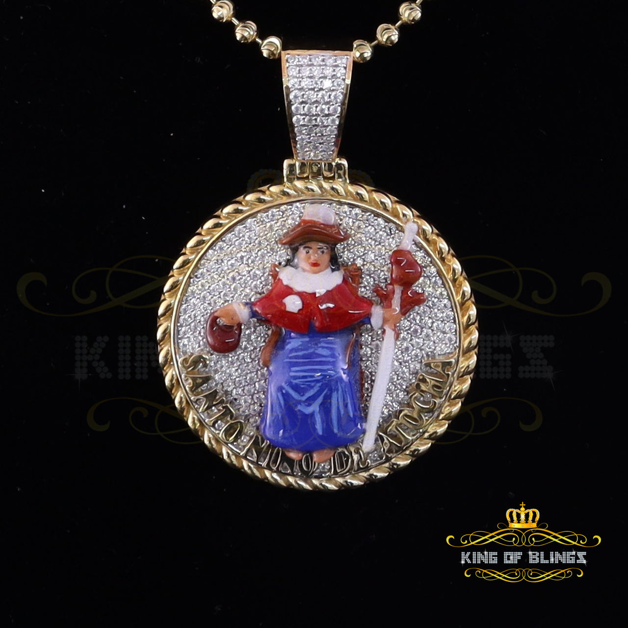 King Of Bling's SANTO NINO DEATOCHA Sterling Silver Yellow Pendant with 3.0ct Genuine Moissanite KING OF BLINGS