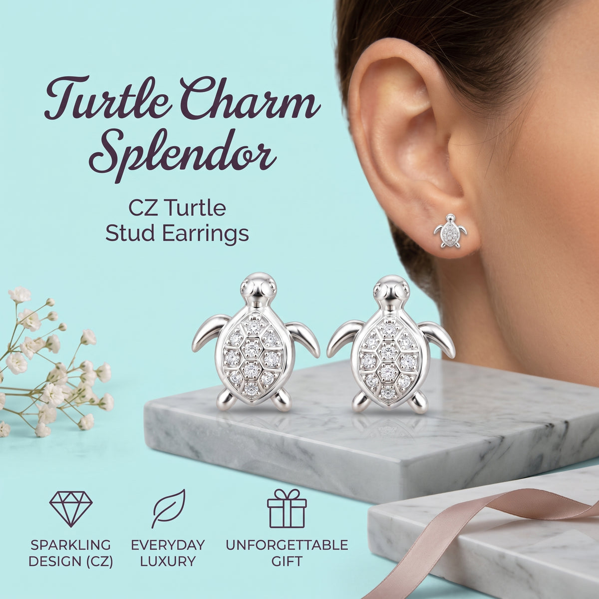 King of Bling's Women's 0.14ct Cubic Zirconia Turtle Stud Earrings White 925 Sterling Silver KING OF BLINGS