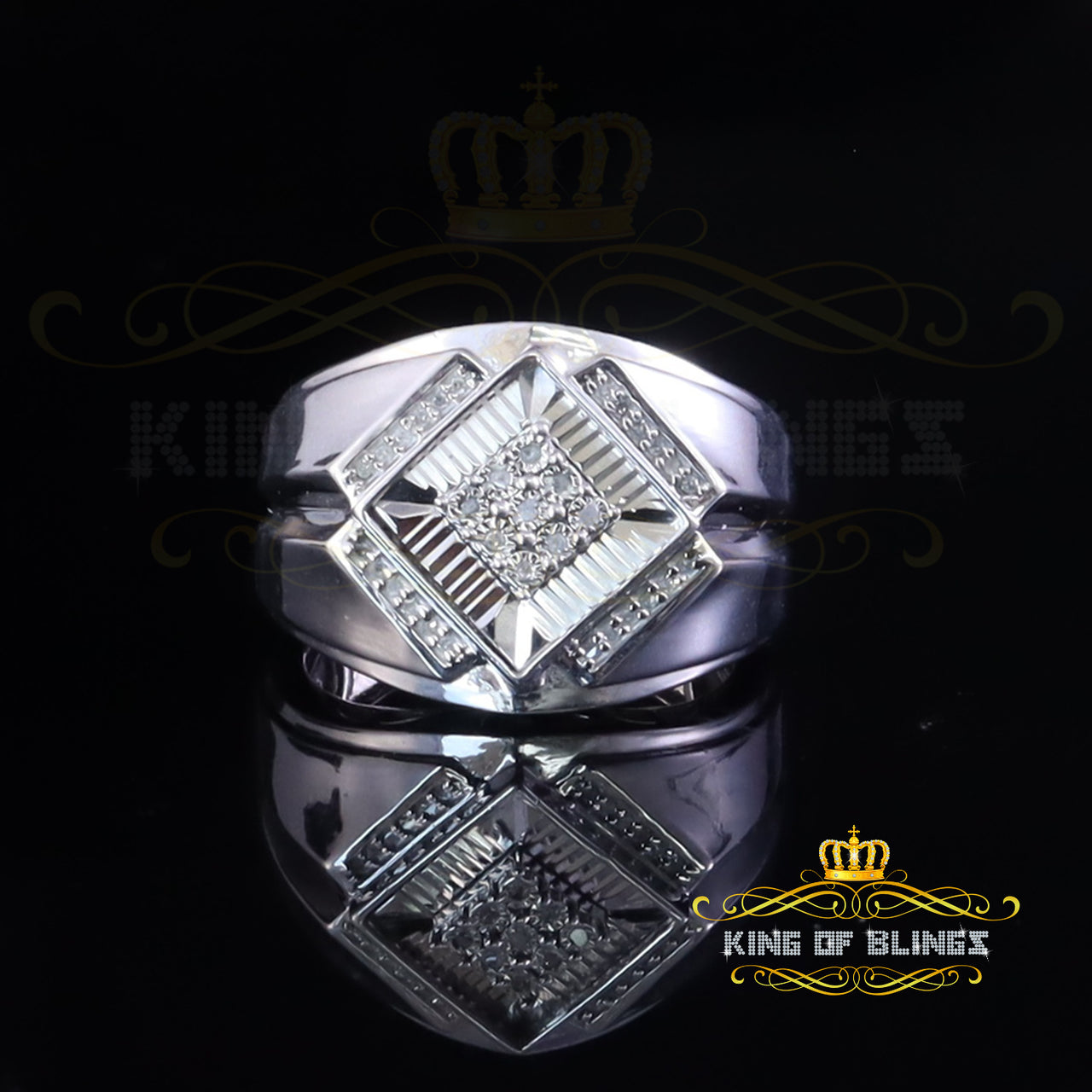 King Of Bling's 925 Sterling Silver White 0.09ct Round Cut Men's Solitaire Diamond Ring SZ 10