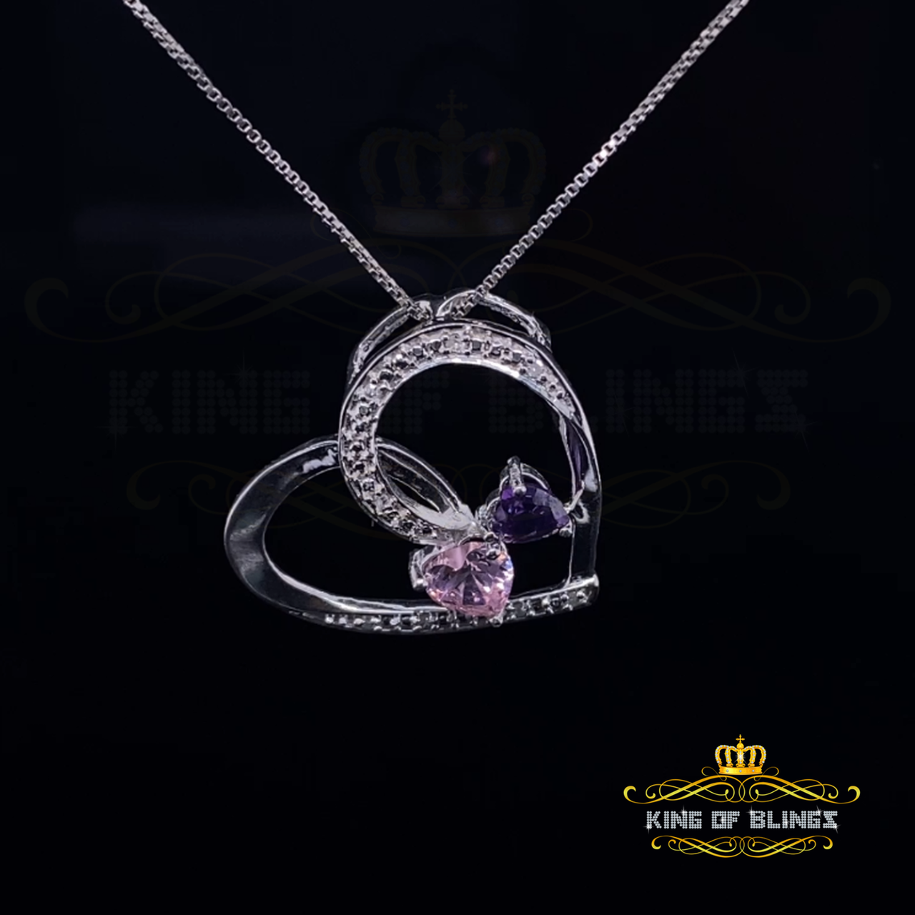 King Of Bling's Two Stones Pink Blue Heart Solitaire 0.1ct Silver Diamonds White Charm Pendant KING OF BLINGS