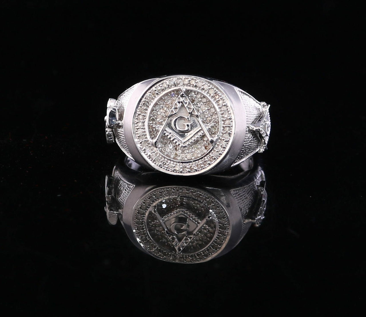 King Of Bling's 925 Sterling White Silver Masonic 0.50 CT Real Diamond Men's Big Ring Size 12