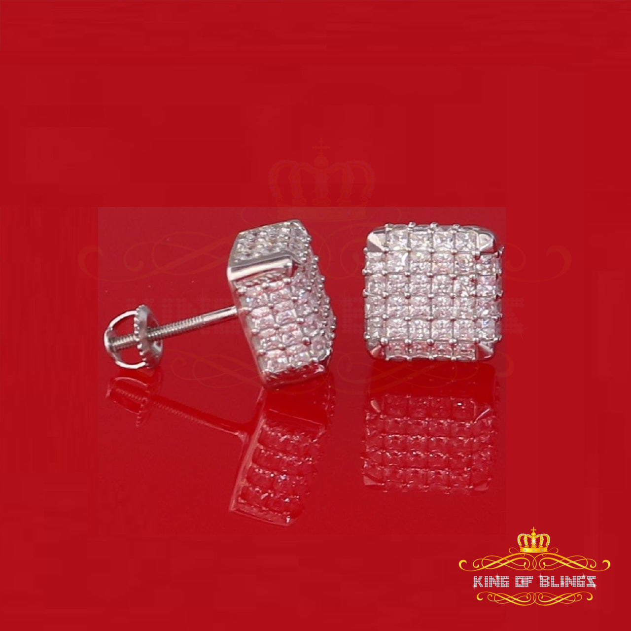 King of Blings- Cubic Zirconia 925 White Silver Screw Back1.95ct Hip Hop Square Women's Earrings