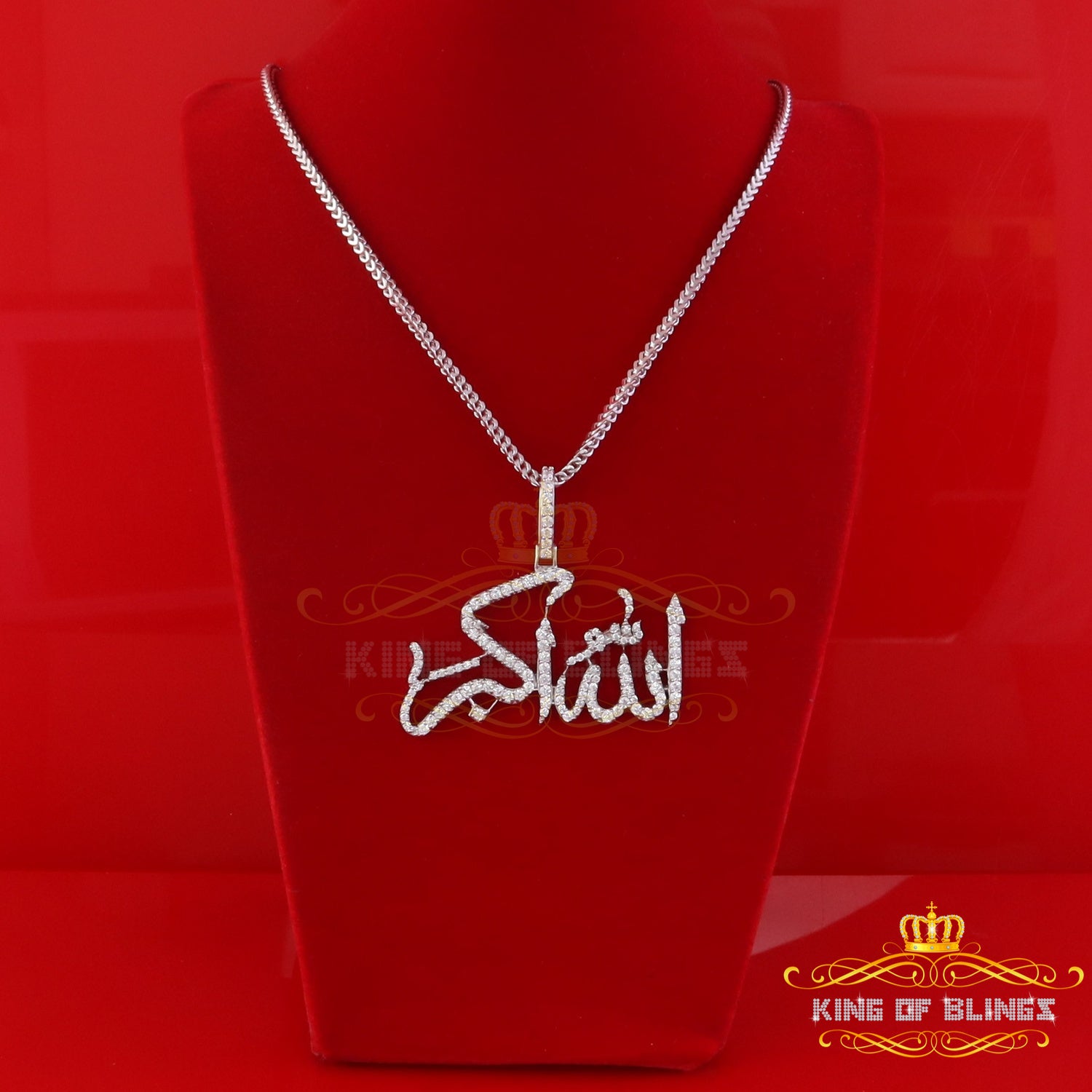 925 Sterling White Silver Allah hu-Akbar Pendant with 3.35ct Cubic Zirconia King of Blings