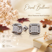 King Of Bling's 0.10 ct Real Diamond 3D Puff Cushion Square Crown White 925 Silver Stud Earrings KING OF BLINGS