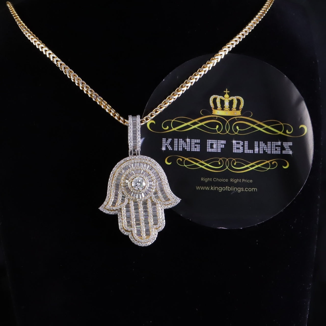 King Of Bling's Baggutte 8.0ct VVS D Moissanite Yellow Silver Charm Hamsa Pendant Men's & Women KING OF BLINGS