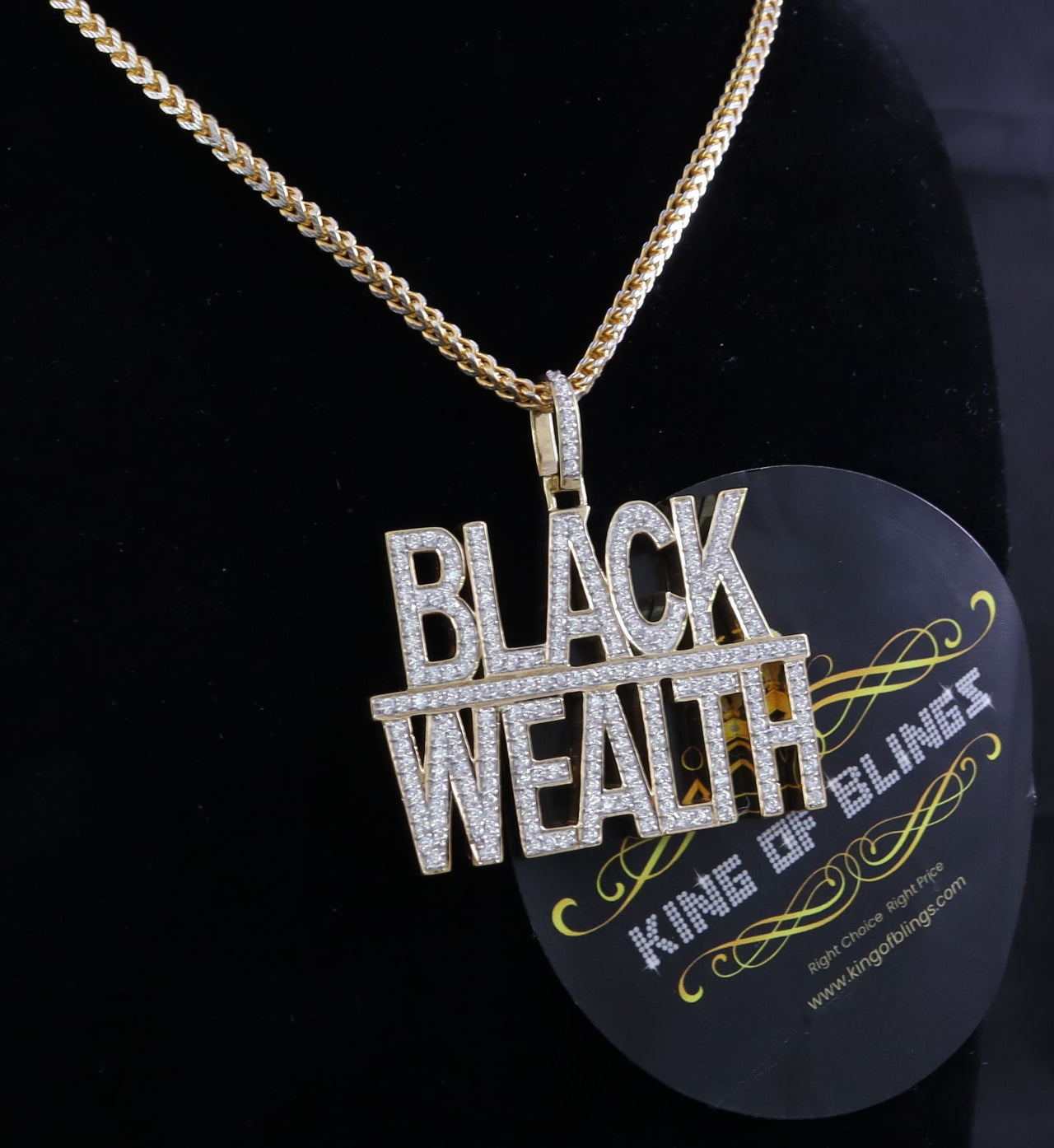King Of Bling's Promise Yellow Sterling Silver BLACK WEALTH Sign Pendant 9.30ct Cubic Zirconia