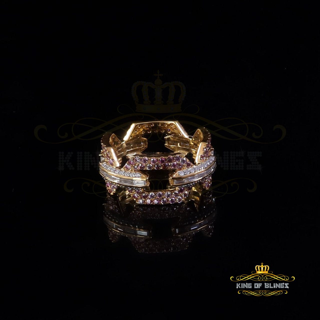 King of Bling's 2.50CT Womens Pink Moissanite VVS D 925 Yellow Silver Baguette Eternity Ring Sz8