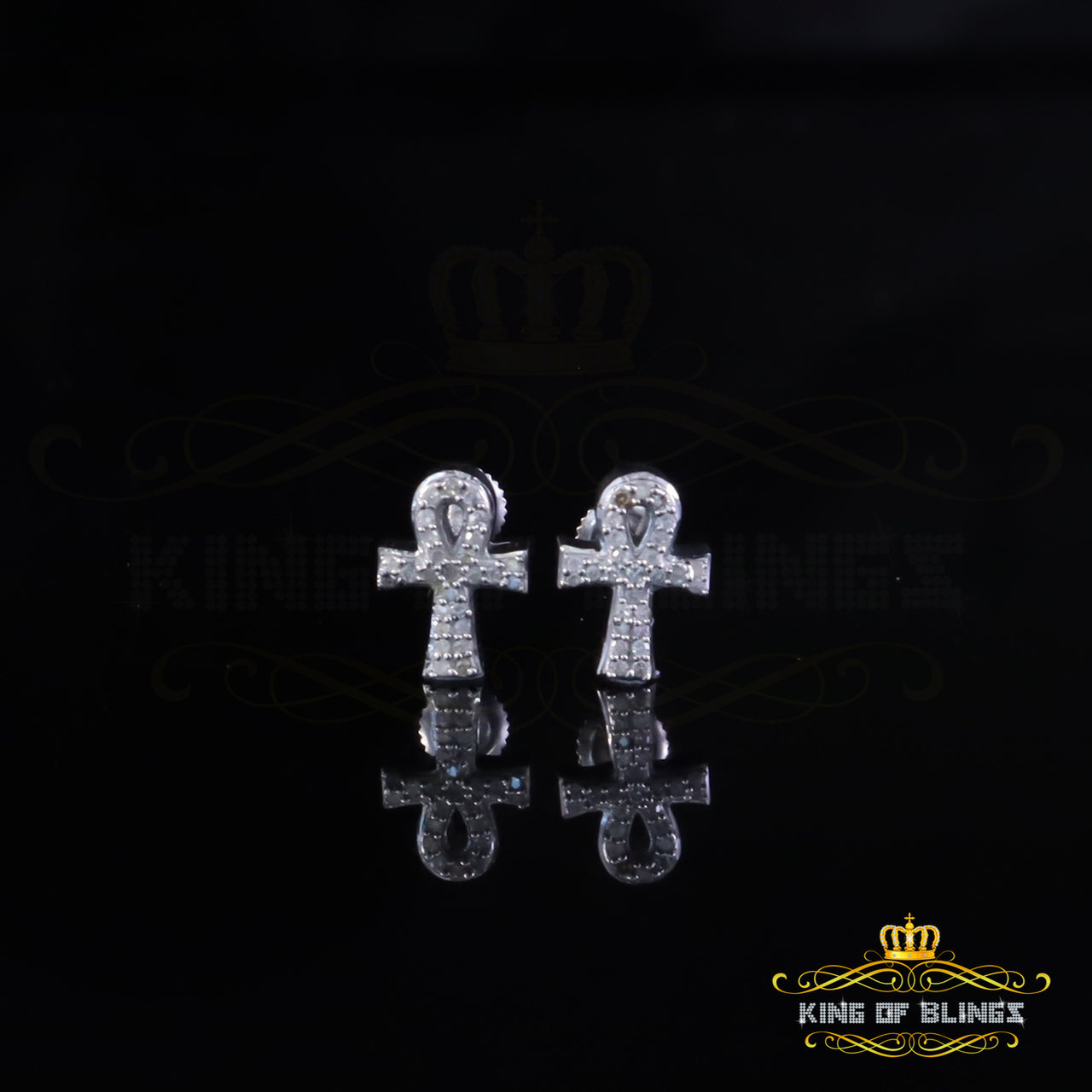 King Of Bling's New 0.25ct Diamond 925 Sterling Silver White for Men's & Women Stud ANKH Earring King of Blings