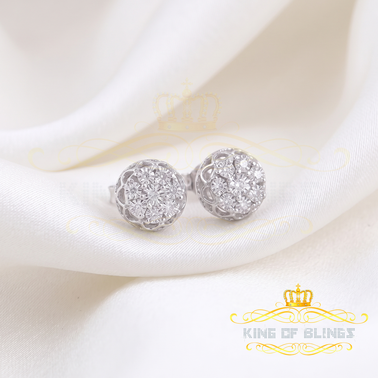 King Of Bling's 925 Sterling Silver White 0.07ct Diamond For Men's & Women's Floral Earrings KING OF BLINGS