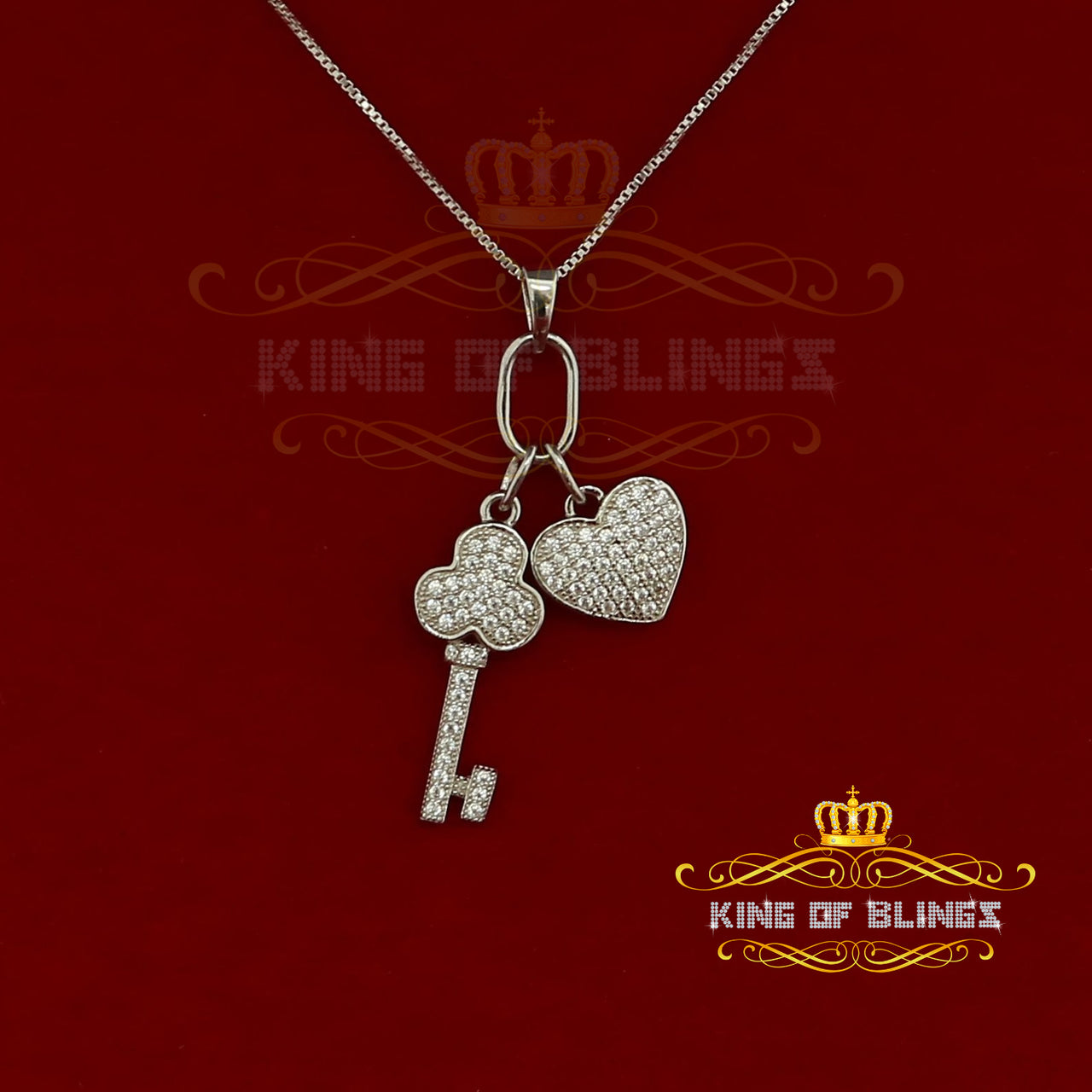 King Of Bling's Women's Heart Key White Sterling Silver Shape Pendant with 0.50ct Cubic Zirconia