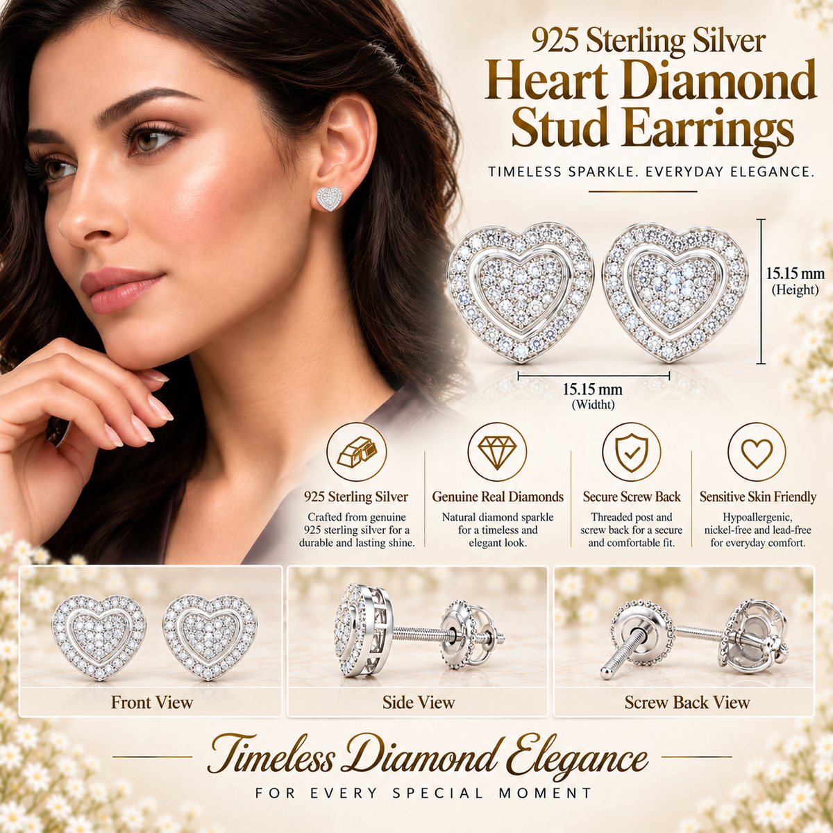 King Of Bling's Aretes Para Hombre 925 White Silver 0.33ct Diamond Women's Heart Style Earrings KING OF BLINGS