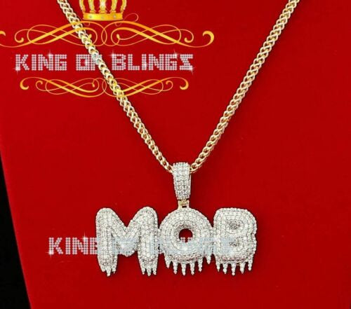DRIPPING ''MOB" Shape Yellow 925 Sterling Silver Pendant 14.32ct Cubic Zirconia KING OF BLINGS
