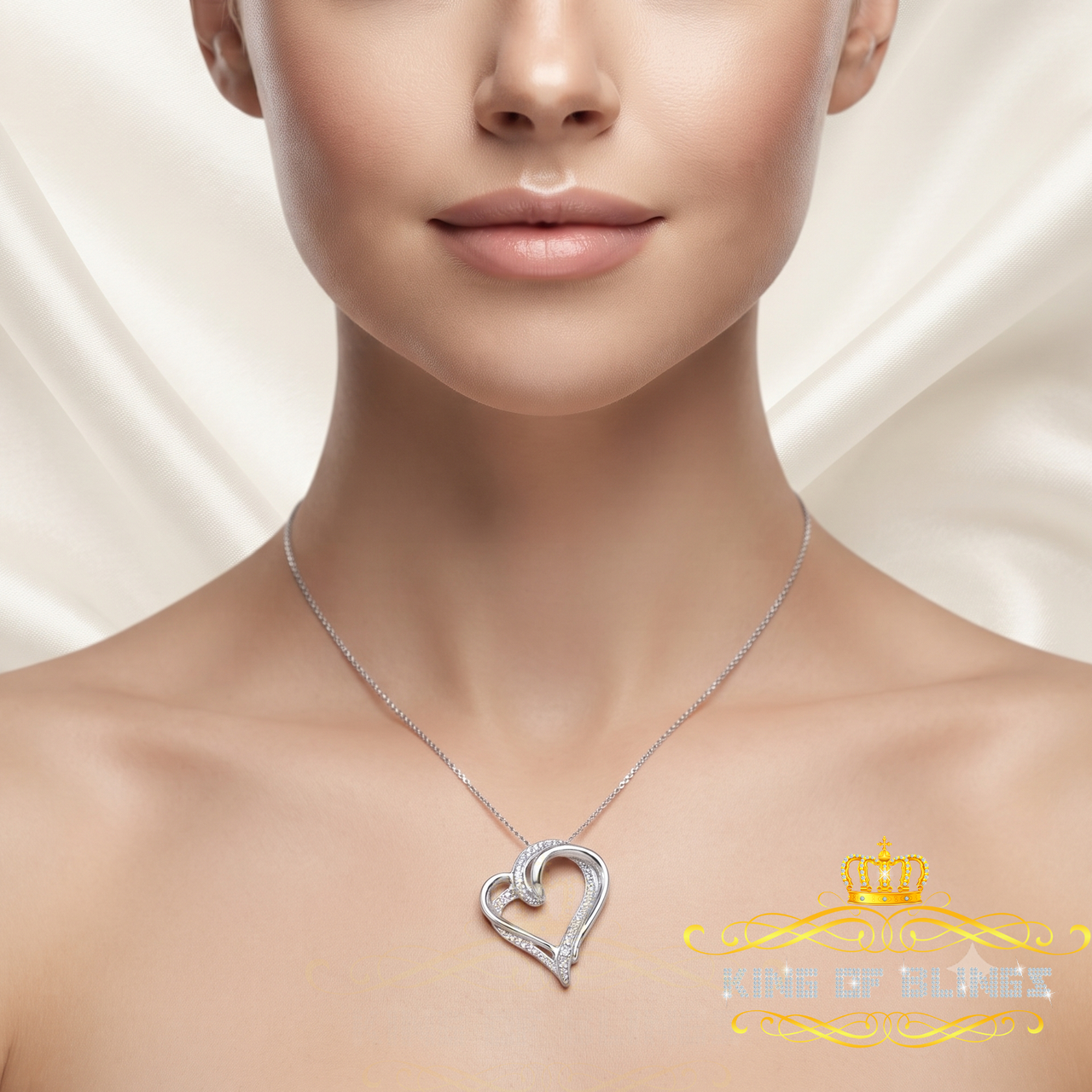 King Of Bling's Real 0.10CT Diamond HEART'S 925 Sterling Silver White Charm Necklace Pendant KING OF BLINGS