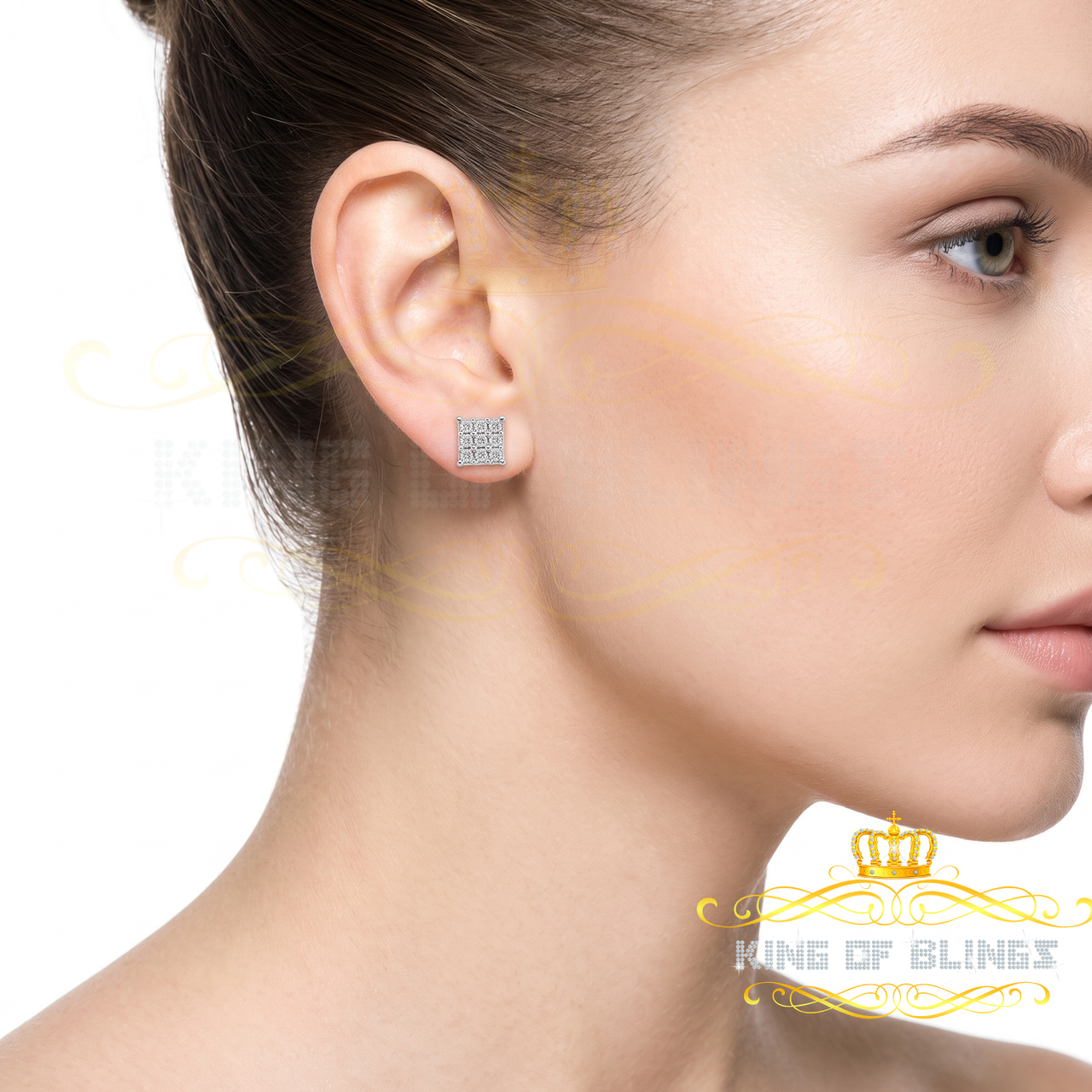King Of Bling's 0.08 ct Diamond Hip Hop Women's & Men's Stud Earrings 925 White Sterling Silver