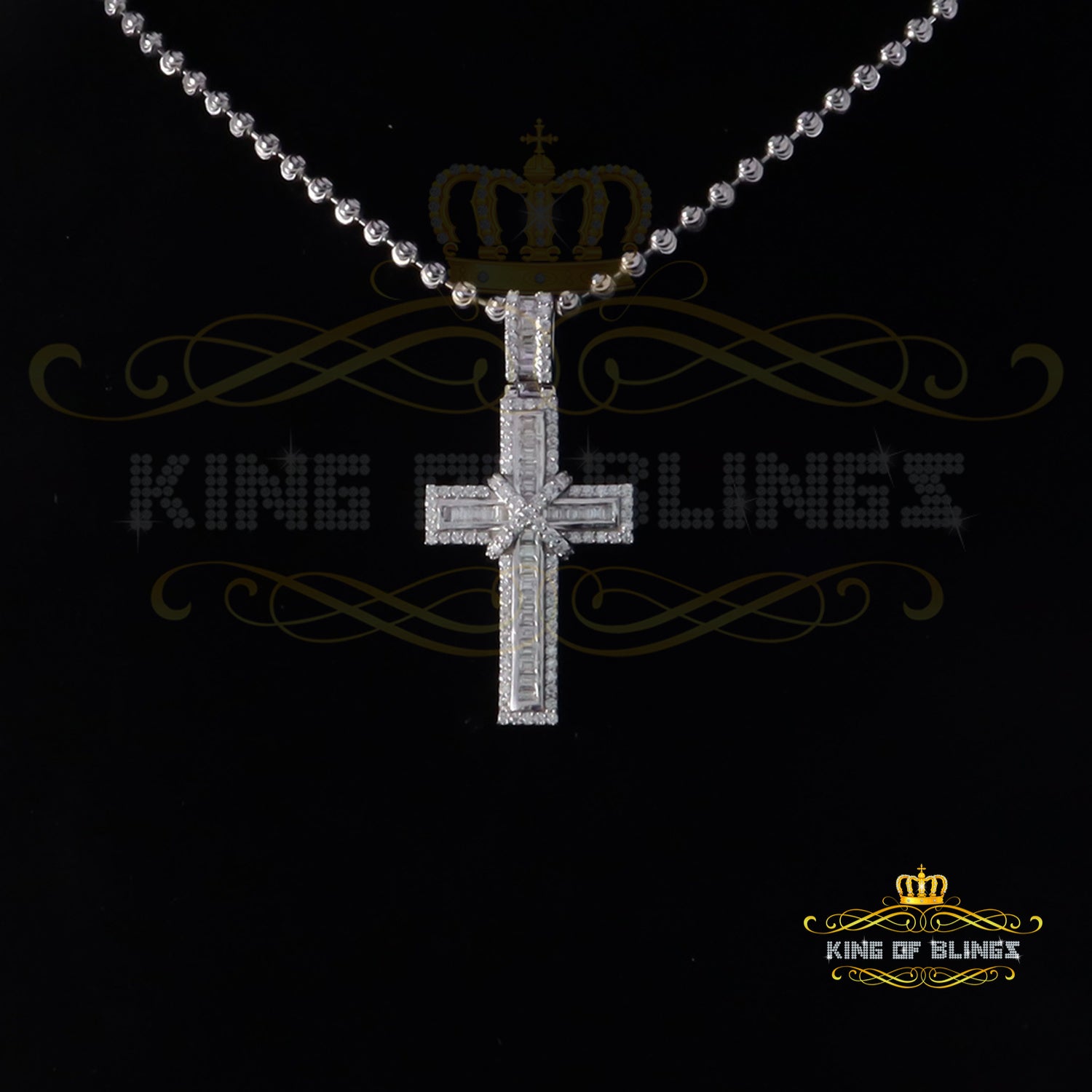 King Of Bling's Women's 925 White Silver 2.0ct VVS D Clr. Moissanite Baguette Cross Pendant for KING OF BLINGS