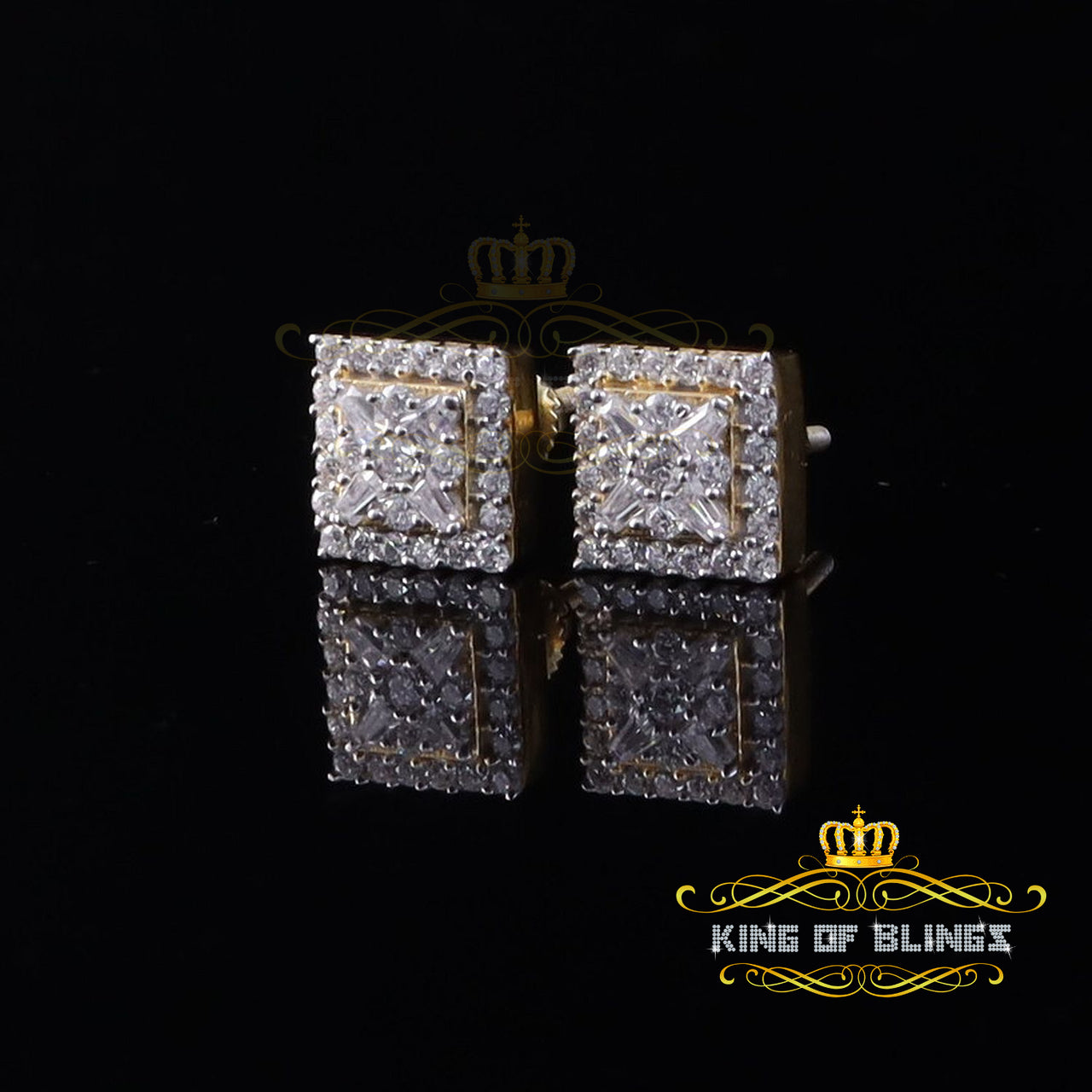 King  of Bling's 0.75ct Square Earrings For Mens & Womens Moissanite 925 Sterling Silver Yellow