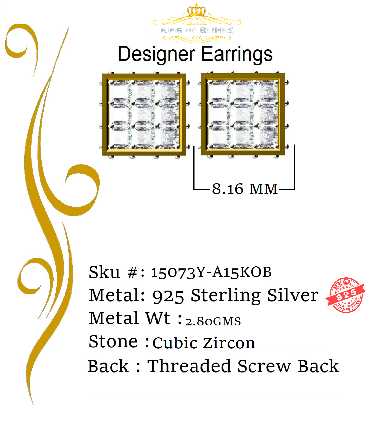 King of Bling's 925 Yellow Silver Screw Back Cubic Zirconia 5.94ct Women & Men Square Earrings KING OF BLINGS