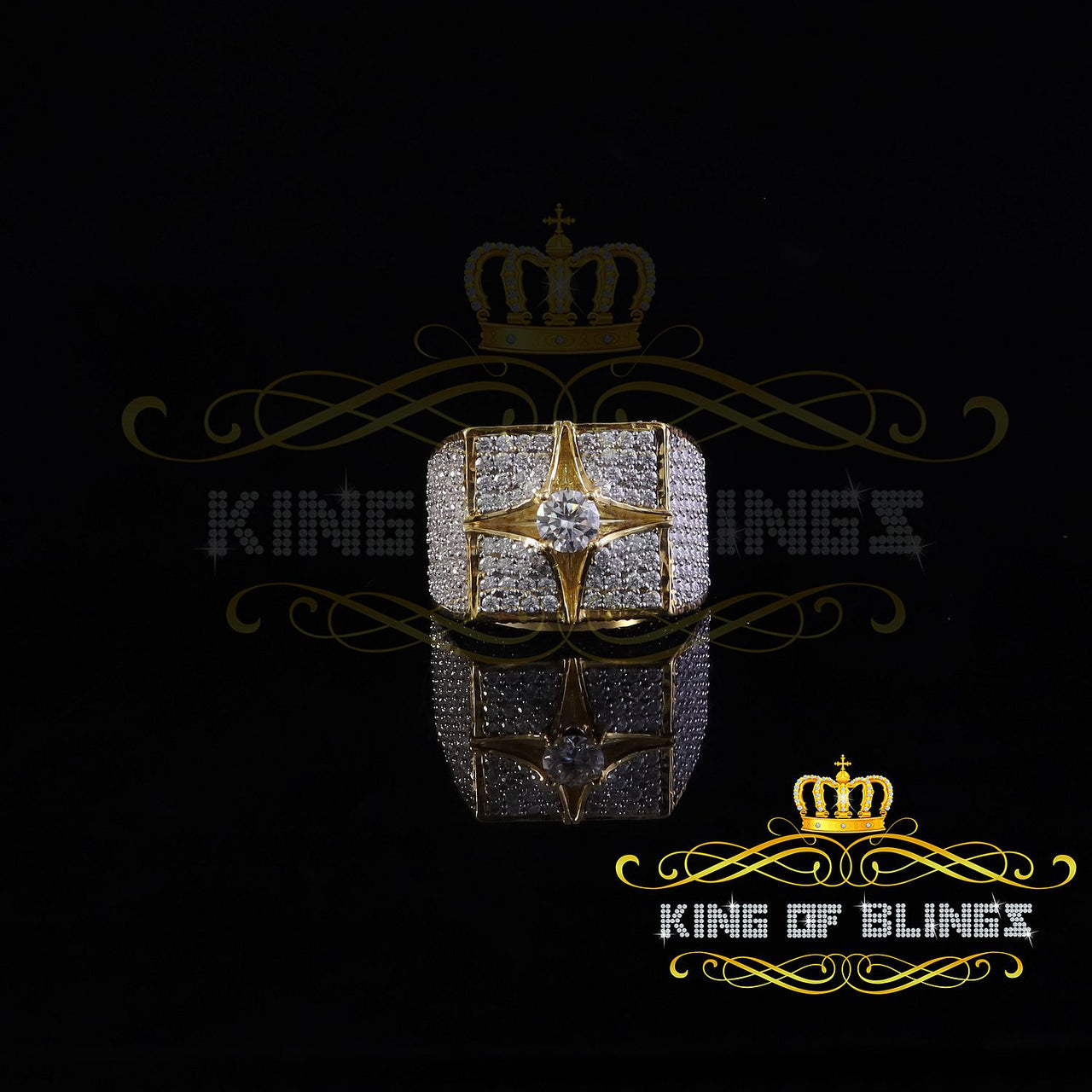 King of Bling's 925 Yellow Sterling Silver 7.00ct VVS 'D' Moissanite Square Men's Rings Size 10