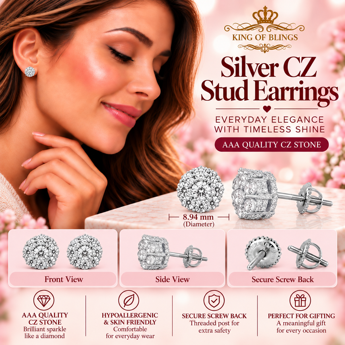 King of Bling's 1.50ct Cubic Zirconia 925 White Silver Sterling Hip Hop Floral Women's Earrings KING OF BLINGS