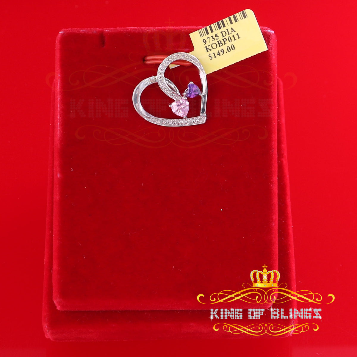 King Of Bling's Two Stones Pink Blue Heart Solitaire 0.1ct Silver Diamonds White Charm Pendant KING OF BLINGS