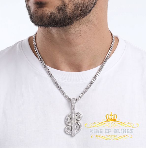 King Of Bling's White 925 Sterling Silver Dollar Sign Pendant with 3.05ct Cubic Zirconia Stone KING OF BLINGS