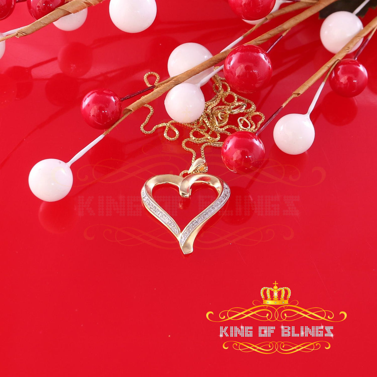 King Of Bling's Real 0.06ct Diamond 925 Sterling Silver HEART Charm Necklace Yellow Pendant KING OF BLINGS