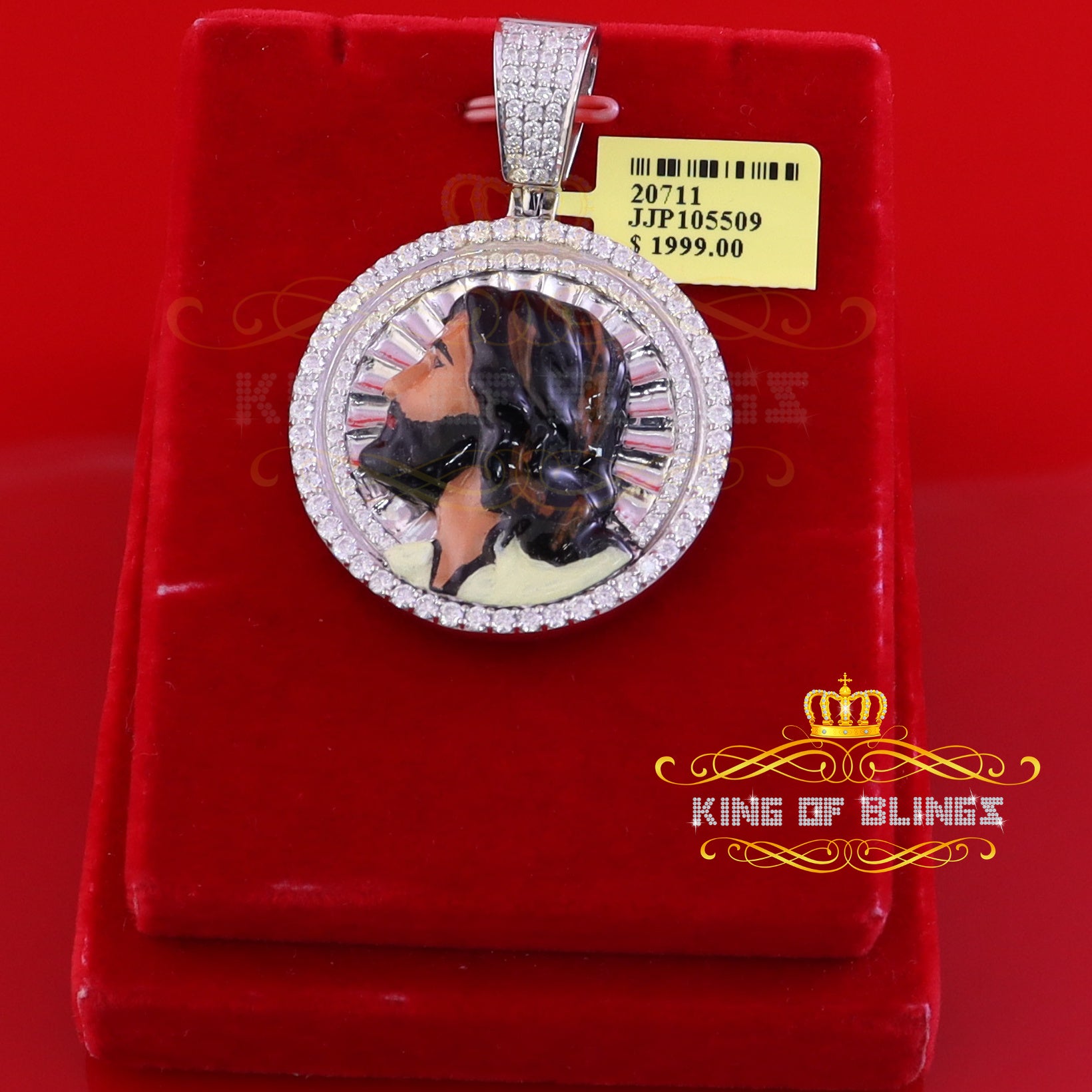 King Of Bling's 1.50 inch 925 Silver Enamel JESUS White Pendant 3.00ct Moissanite for He/She KING OF BLINGS