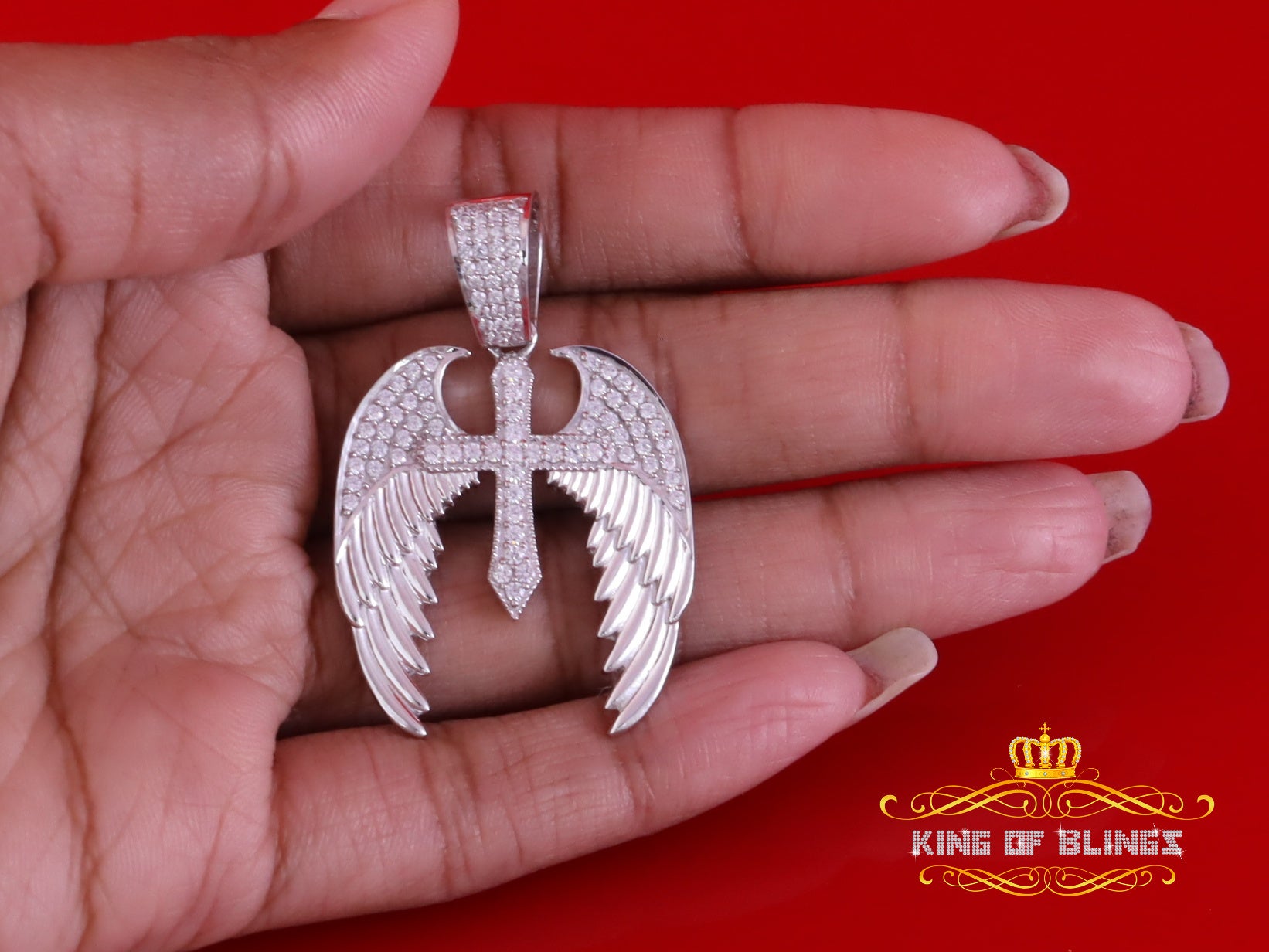 King Of Bling's White Silver Small 1.50ct Cubic Zirconia 925 Sterling Pendant Cross Angel Wing KING OF BLINGS