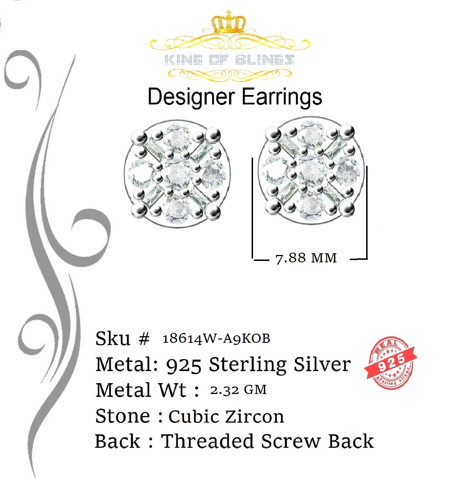 King of Blings- White 925 Sterling Silver 1.96ct Cubic Zirconia for Ladies Hip Hop Round Earring KING OF BLINGS