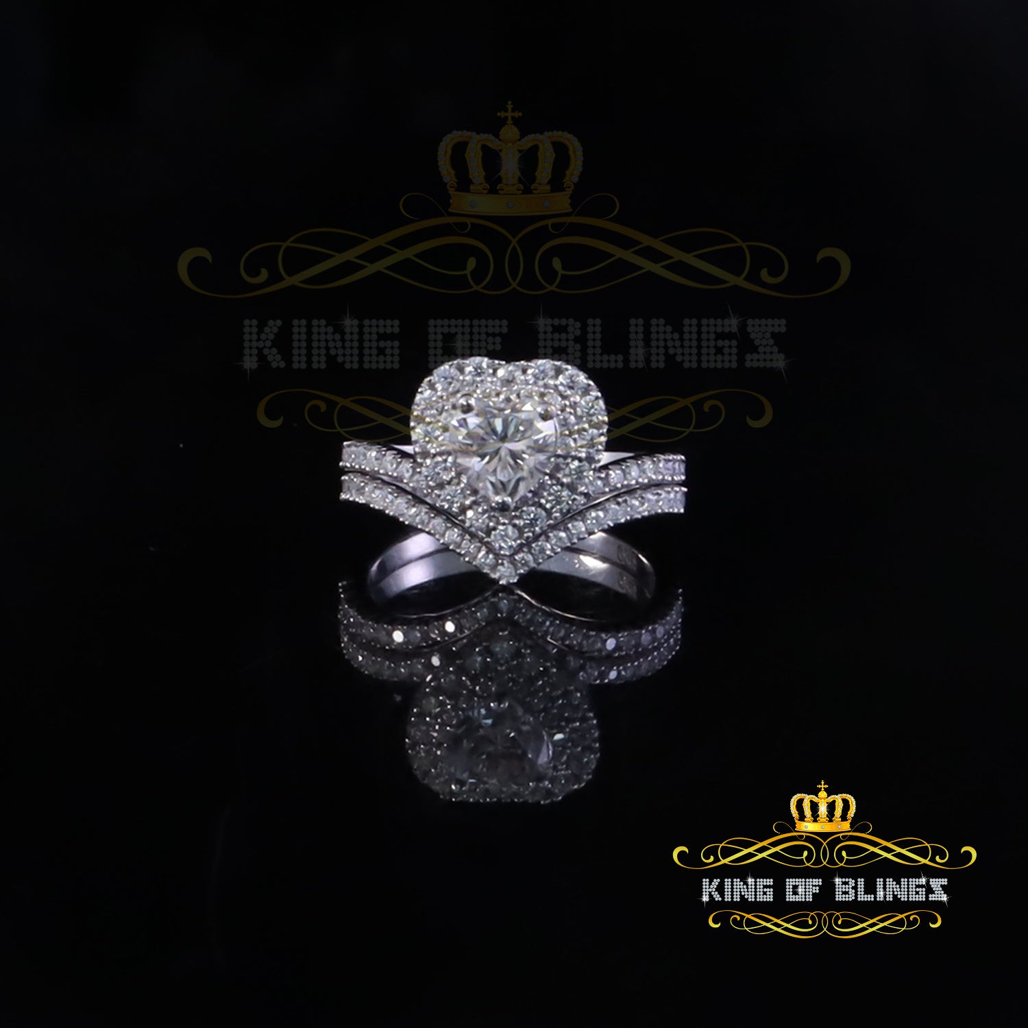 King of Bling's Heart 1.66ct VVS D clr Moissanite Women Silver Whit BRIDAL SET WEDDING Ring SZ7 King of Blings