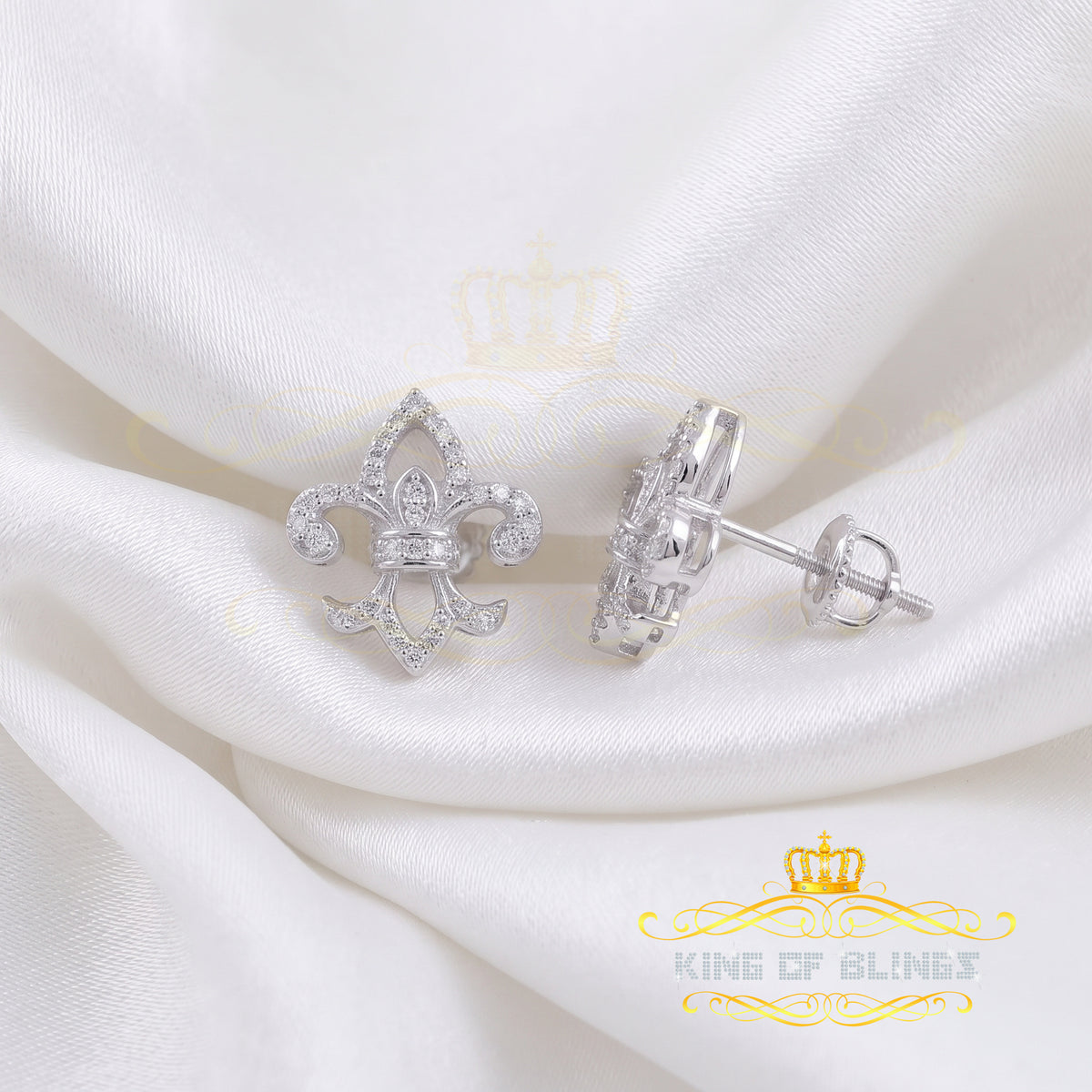 King of Bling's 0.60ct Cubic Zirconia 925 White Silver Women's Fleur de Lis Screw Back Earrings KING OF BLINGS