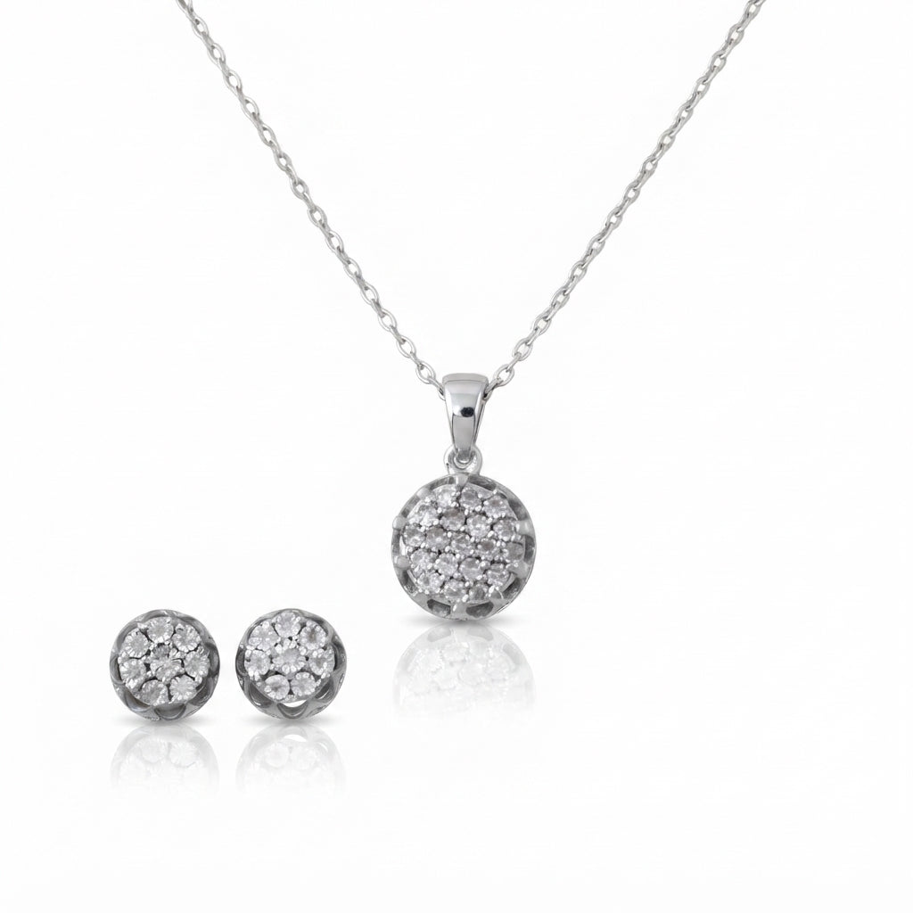 King of Bling's 925 White Silver 0.33W CT Genuine Diamond Round Floral Shape Pendant&Earring Set King of Blings