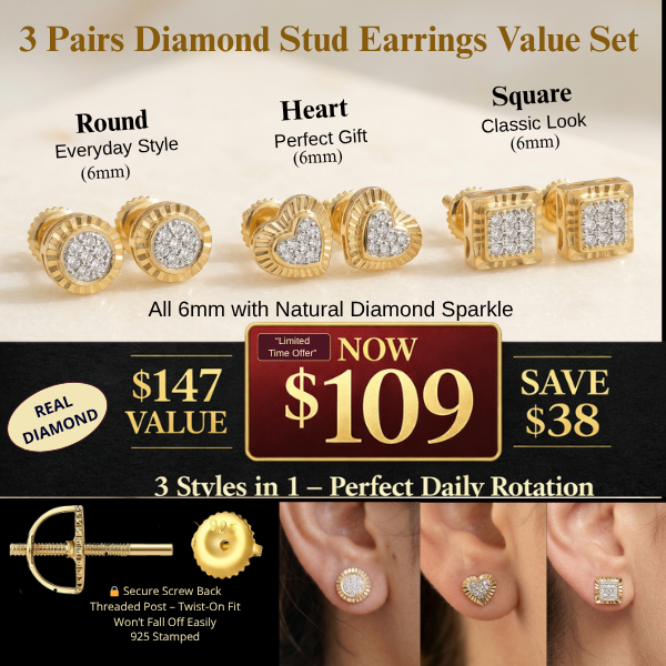 3 Pairs Diamond Yellow Stud Earrings Set – Screw Back 925 Sterling Silver (Round, Heart, Square 6mm)