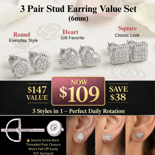 3 Pairs Diamond White Stud Earrings Set – Screw Back 925 Sterling Silver (Round, Heart, Square 6mm)