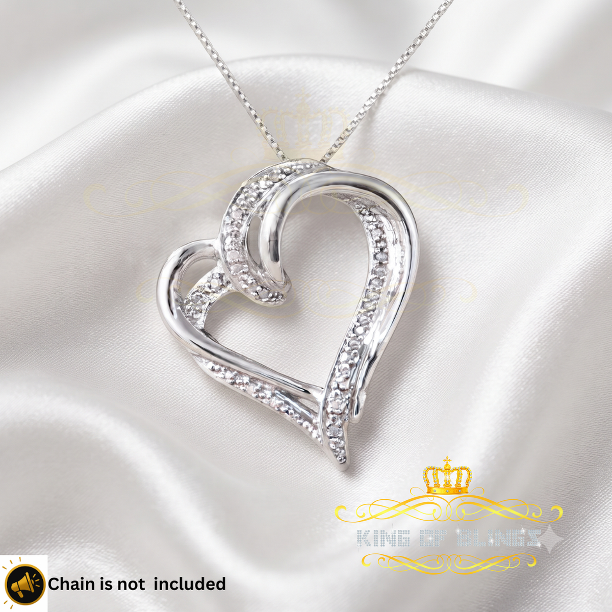 King Of Bling's Real 0.10CT Diamond HEART'S 925 Sterling Silver White Charm Necklace Pendant KING OF BLINGS