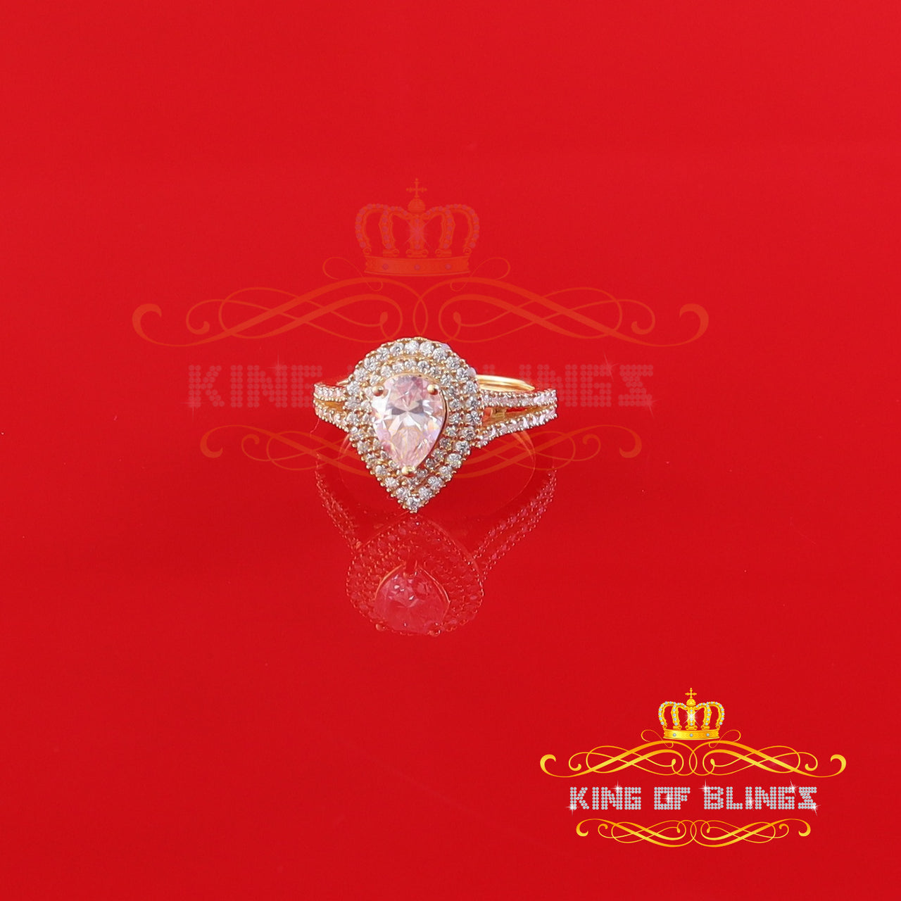King Of Blings  10K Yellow Gold 2.00CT 'VVS' 'FL' D clr Pear Cut Moissonite Womens Ring Size 7 KING OF BLINGS