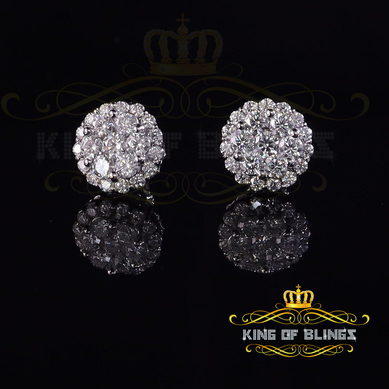 King Of Bling's 3.50ct Vvs 'D' Color Real Moissanite Round Cluster Earrings 10k Real White Gold