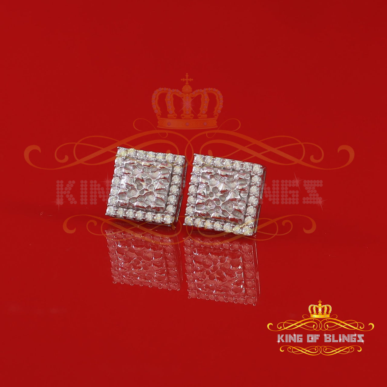 King of Bling's 1.50ct Moissanite White 925 Sterling Silver Women's Square Shape Nugget Earrings