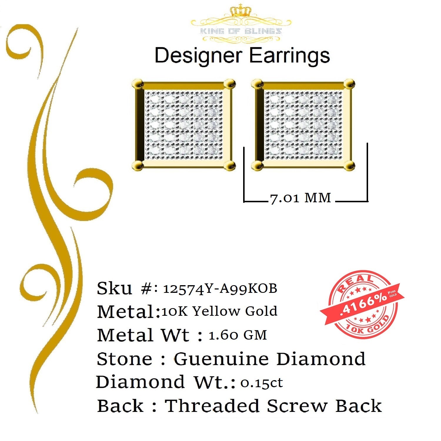 King Of Bling's Real 10k Yellow Gold with 0.15CT Real Diamonds Men's/Women's Square Stud Earring KING OF BLINGS
