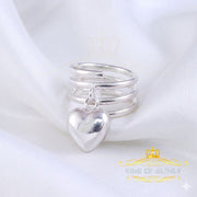 KING OF BLINGSWhite 925 Sterling Silver Hanging Heart Dangling Adjustable Women's Ring SZ 6 KING OF BLINGS