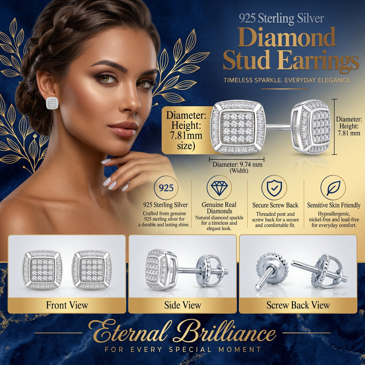 King Of Bling's 0.10ct Diamond Stud Earrings For Women White 925 Sterling Silver Stud For Men KING OF BLINGS