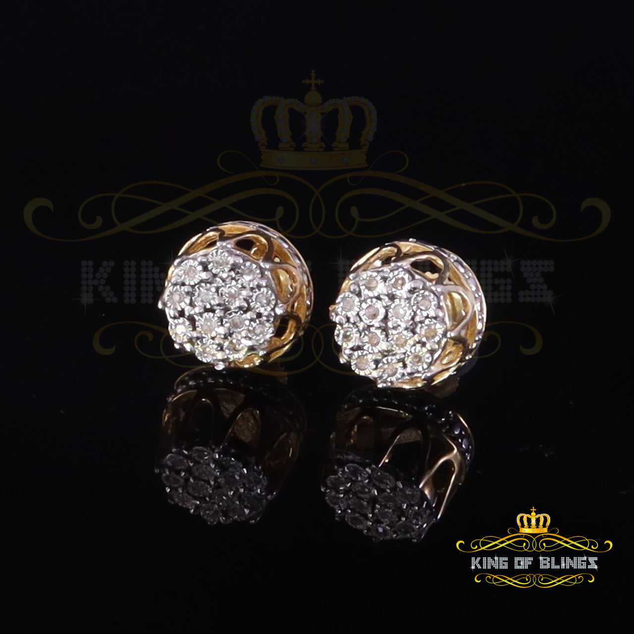 King of Blings-0.07ct Diamond 925 Sterling Yellow Silver For Men's & Womens Stud Round Earring KING OF BLINGS